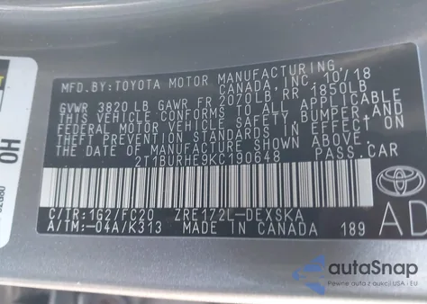 2019 Toyota Corolla Se from USA, damaged, VIN 2T1BURHE9KC190648